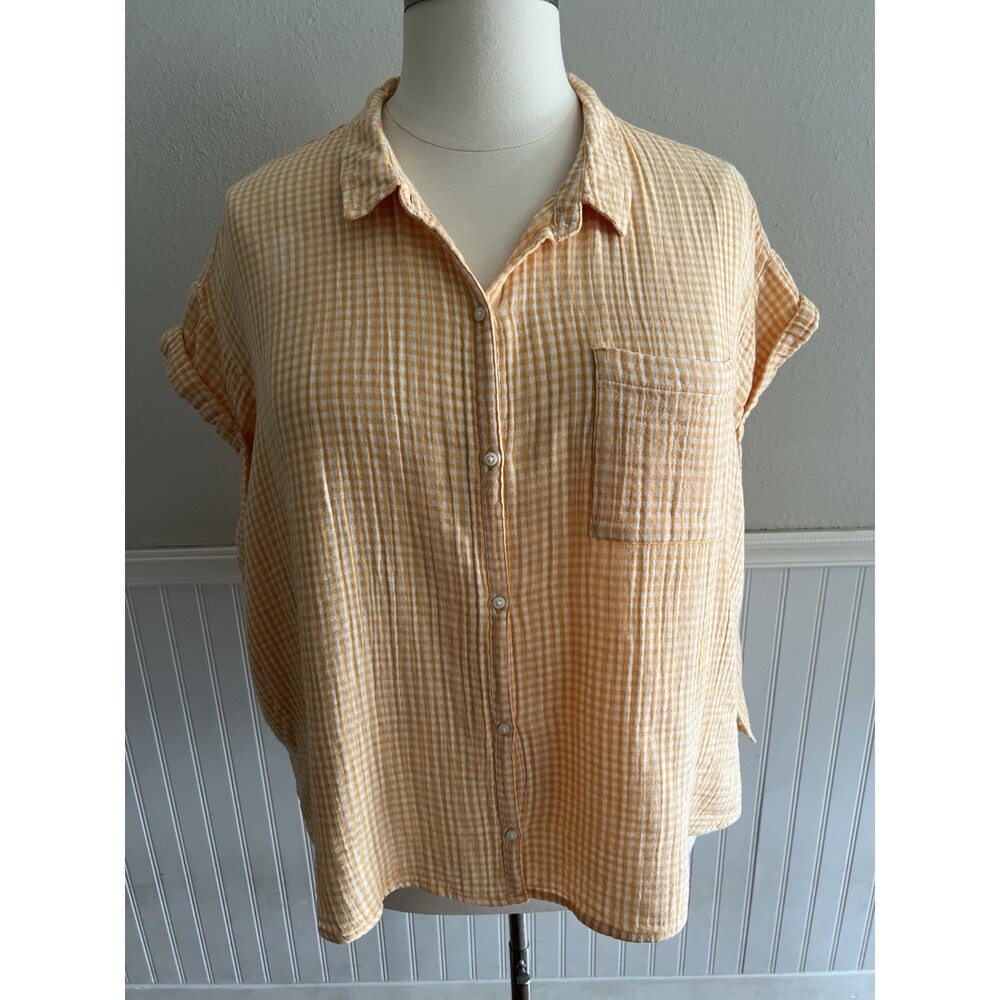 Women's Short Sleeve Button Up Orange Gingham Check Cotton Gauze Boxy Slouchy 2X